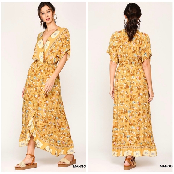 LAST ONE❗Boho Chic Mustard Kimono Top Ruffle Maxi Dress - Picture 2 of 7
